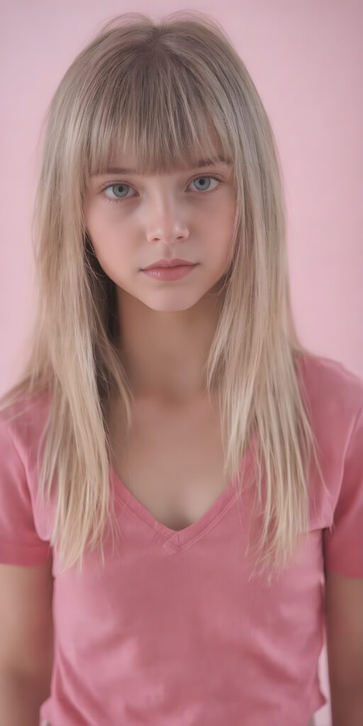 a young cute young girl with long, straight ((soft pink hair)), bangs and an angelic face wears a thin, pink wide t-shirt that accentuates her perfectly shaped body, deep v-neck. She looks seductively into the camera with a slight smile and wears a short dark pink round mini skirt, all against a light pink backdrop, full body shot