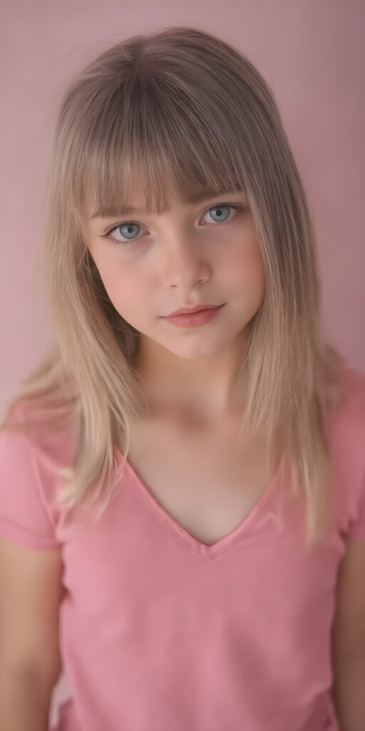 a young cute young girl with long, straight ((soft pink hair)), bangs and an angelic face wears a thin, pink wide t-shirt that accentuates her perfectly shaped body, deep v-neck. She looks seductively into the camera with a slight smile and wears a short dark pink round mini skirt, all against a light pink backdrop, full body shot