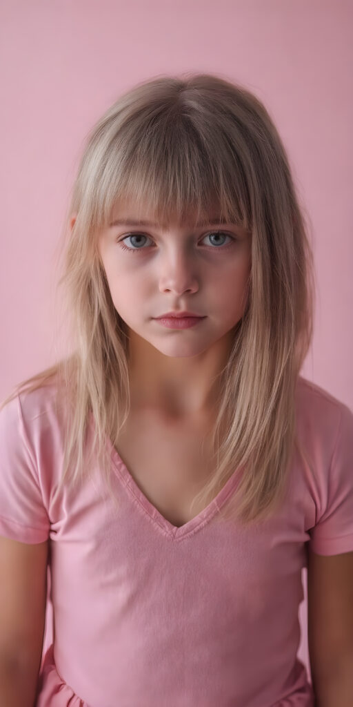 a young cute young girl with long, straight ((soft pink hair)), bangs and an angelic face wears a thin, pink wide t-shirt that accentuates her perfectly shaped body, deep v-neck. She looks seductively into the camera with a slight smile and wears a short dark pink round mini skirt, all against a light pink backdrop, full body shot