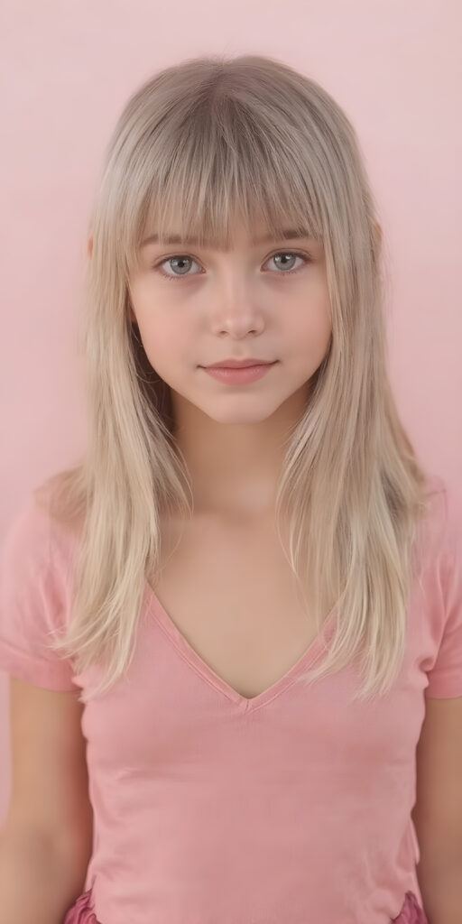 a young cute young girl with long, straight ((soft pink hair)), bangs and an angelic face wears a thin, pink wide t-shirt that accentuates her perfectly shaped body, deep v-neck. She looks seductively into the camera with a slight smile and wears a short dark pink round mini skirt, all against a light pink backdrop, full body shot