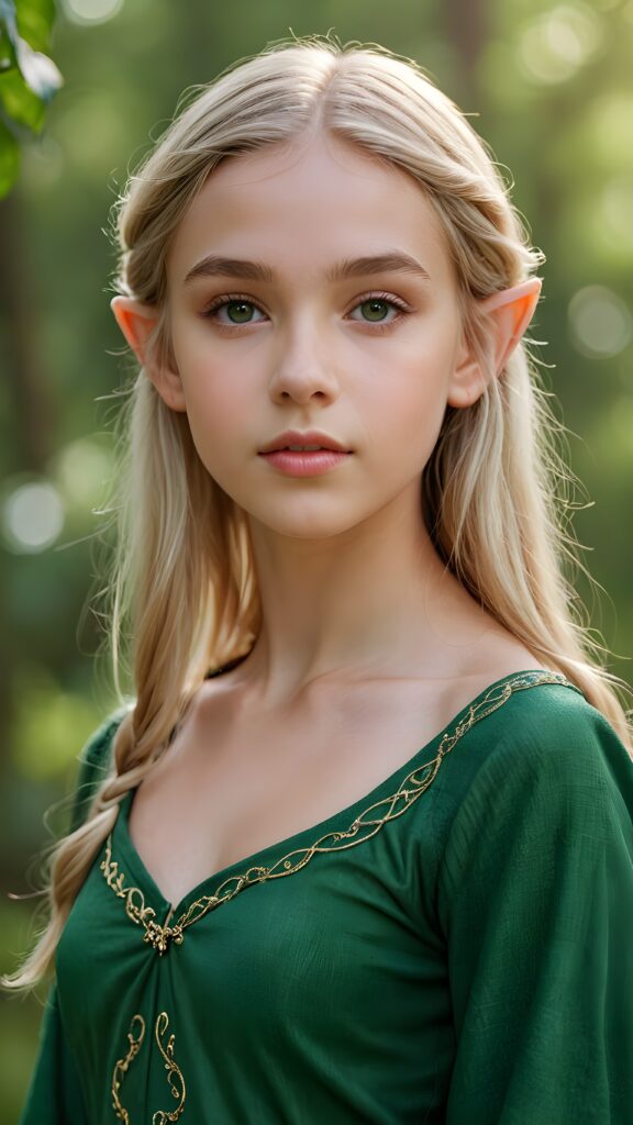 a young elf-like teen girl, lightly dressed in green, 13 years old, blond straight hair, flawless skin, ((stunning)) ((gorgeous)) ((detailed full body portrait)), ((empty background)), ((full lips))