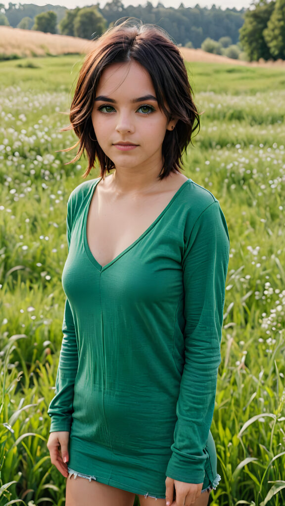 a young emo girl with long t-shirt, deep v-neck, stand in a green meadow