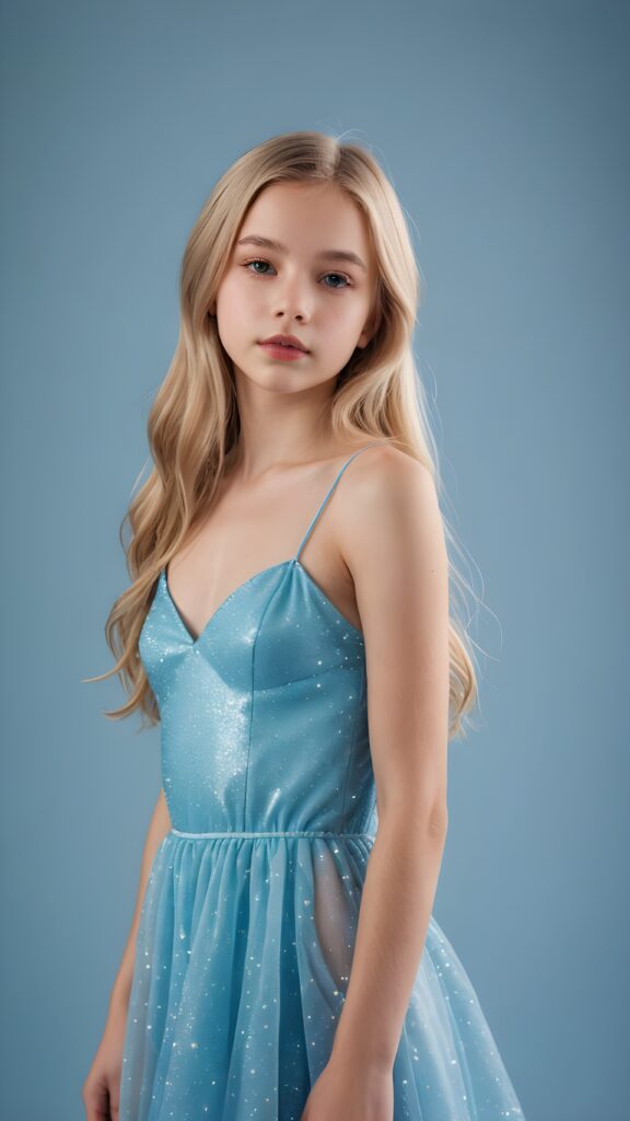 a young fairy-like teen girl, lightly dressed in blue, 13 years old, blond straight hair, flawless skin, ((stunning)) ((gorgeous)) ((detailed full body portrait)), ((empty background)), ((full lips))