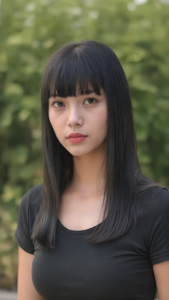 a young female in tight black t-shirt with long silky black straight hair, short black, bangs hairstyle, straight shiny hair, full lips, soft face, sunny green backdrop