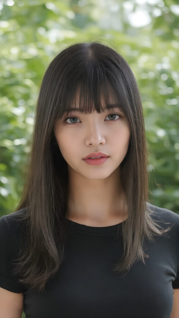 a young female in tight black t-shirt with long silky black straight hair, short black, bangs hairstyle, straight shiny hair, full lips, soft face, sunny green backdrop