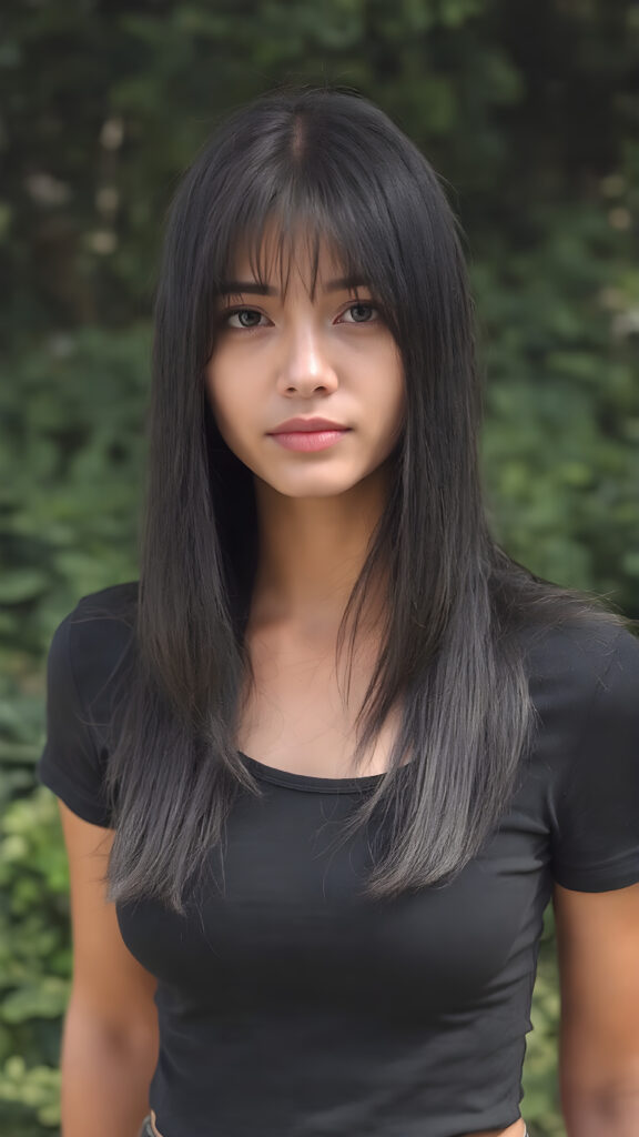 a young female in tight black t-shirt with long silky black straight hair, short black, bangs hairstyle, straight shiny hair, full lips, soft face, sunny green backdrop