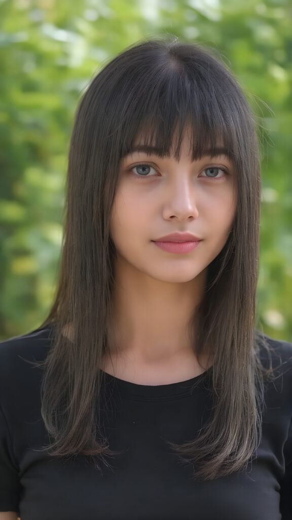 a young female in tight black t-shirt with long silky black straight hair, short black, bangs hairstyle, straight shiny hair, full lips, soft face, sunny green backdrop