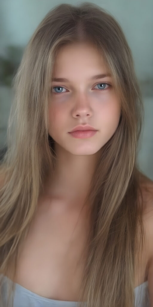 a young, gentle adult girl with very long, soft straight brown hair and a round face. She has blue eyes and gentle features. Her young, perfect body radiates pure femininity and she looks seductively into the camera.