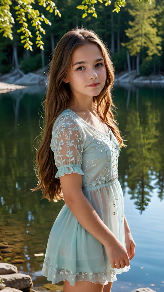 a (((young girl with long, brown hair, short thin dressed))), stands in front of a (((crystal-clear lake))), surrounded by (trees that cast soft shadows across the water), her face serene and enjoying the natural beauty around her