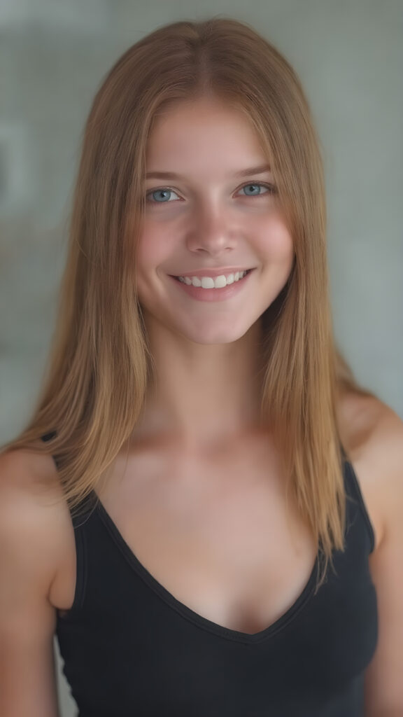 a young girl (((straight, luxurious copper hair))), with intricate details and hyper realistic color shading, capturing the essence of a (professional studio photo) for a stunningly realistic portrait of a teen girl. Her figure is flawlessly proportioned, with perfectly straight hair and (extremely soft, smooth skin) that exudes an almost ethereal glow. She is dressed in a sleek, tight V-neck black sport tank top, that accentuate her toned, natural body, her smile radiates joy and confidence, full eyes. The backdrop is a serene natural setting that complements her youthful beauty