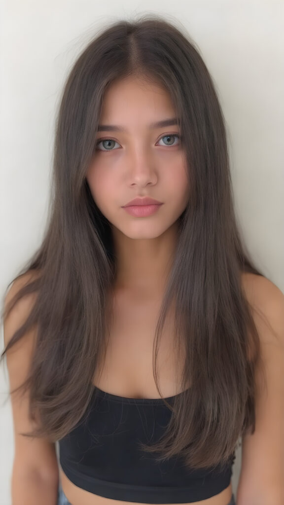 a (((young girlie))), wears a short cropped black tank top, straight soft long black hair, ((round face)), full kissable lips, round eyes, perfect skin