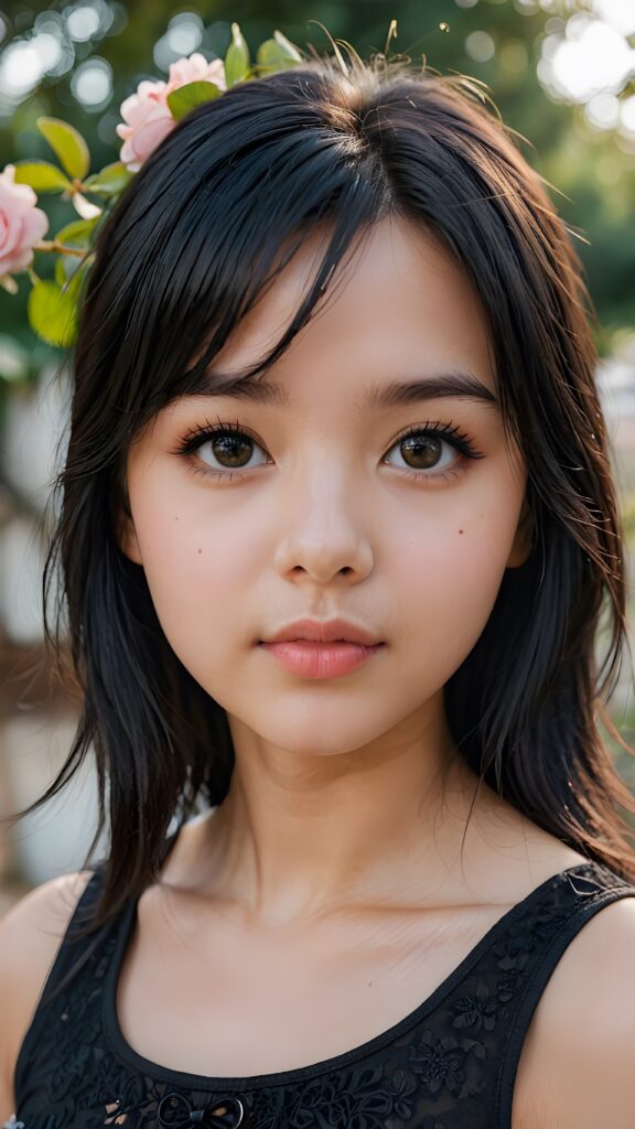 a (((young girl))), wears a short cropped black tank top, straight soft long black hair, ((round face)), full kissable lips, round eyes, perfect skin, looks like a Lolita