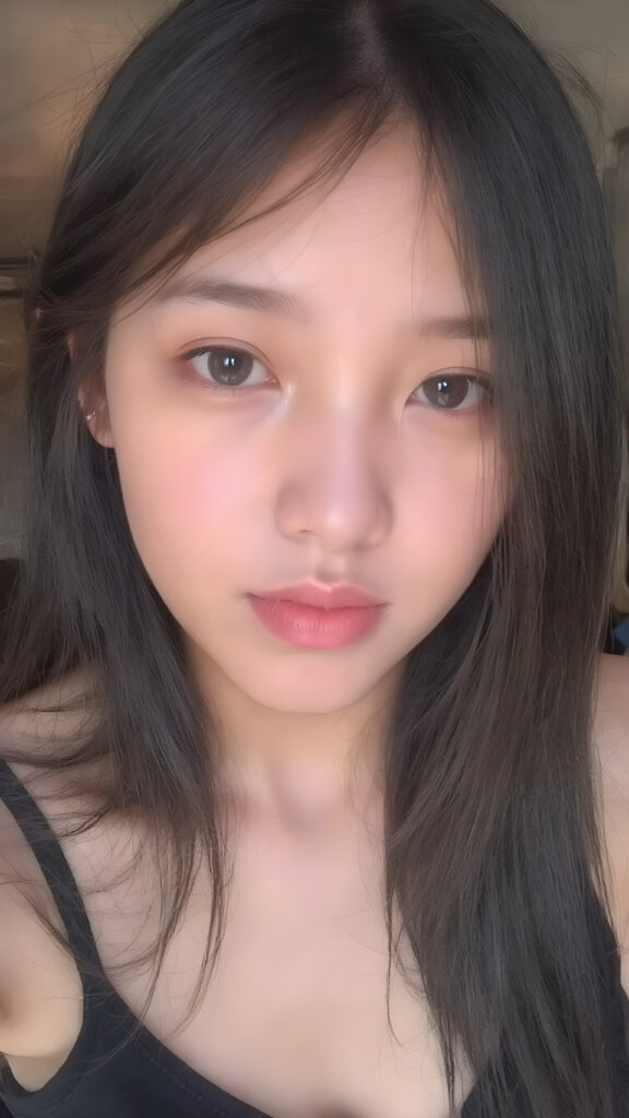 a (((young girlie))), wears a short cropped black tank top, straight soft long black hair, ((round face)), full kissable lips, round eyes, perfect skin