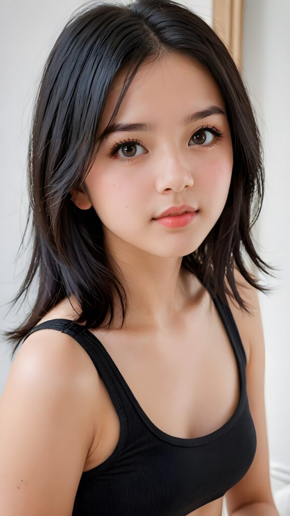 a (((young girlie))), wears a short cropped black tank top, straight soft long black hair, ((round face)), full kissable lips, round eyes, perfect skin