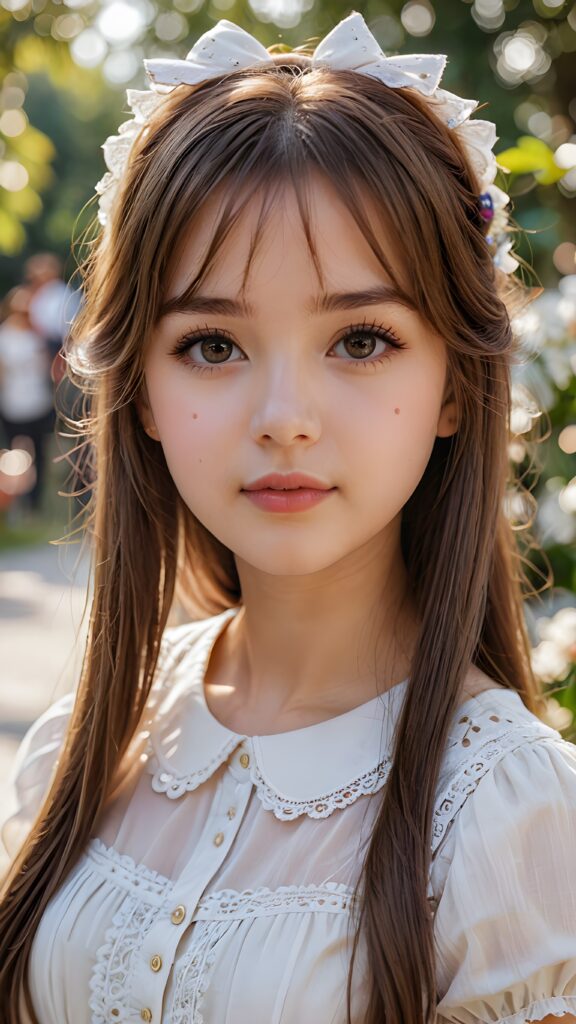 a (((young girl))), light white dressed, straight soft long brown hair, ((round face)), full kissable lips, round eyes, perfect skin, looks like a Lolita