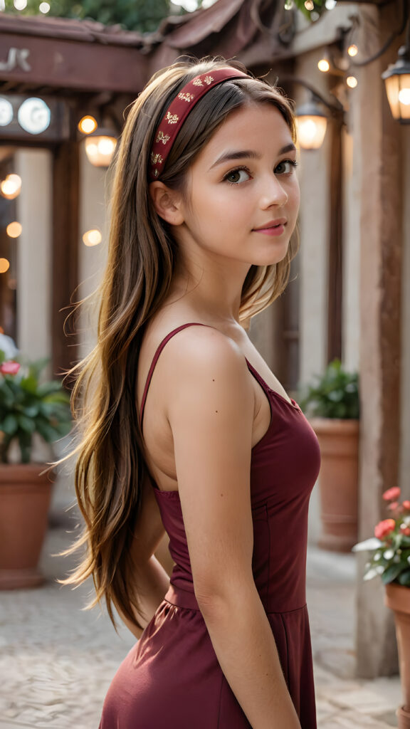 a (((young girl with luxuriously long, straight soft brown hair))), wearing a sleek, crimson headband, standing confidently in a (dreamlike atmosphere), perfect curved body, sleek short thin dressed