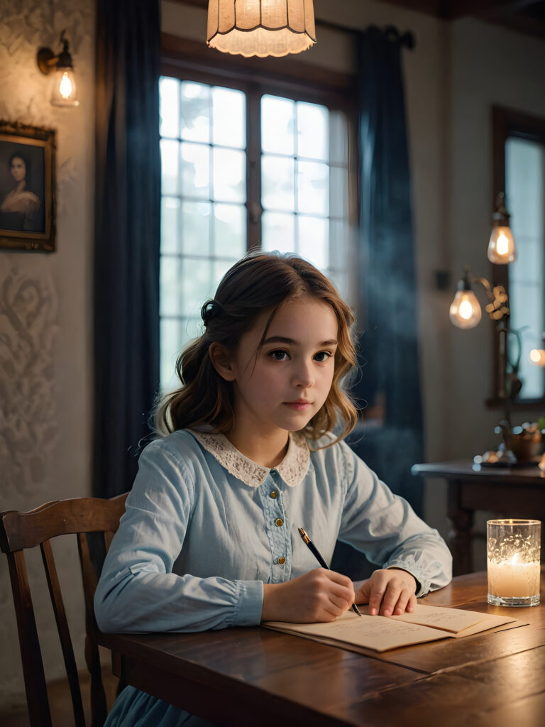 a (((young girl))) sitting at a (((table))) writing a letter, surrounded by a (((mysterious atmosphere))), with dim light softly illuminating the room and casting a haunting glow that adds to the (serenity and melancholy)