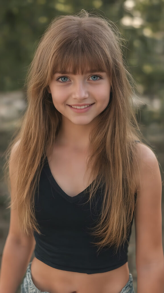 a young girl (((straight, luxurious copper hair))), with intricate details and hyper realistic color shading, capturing the essence of a (professional studio photo) for a stunningly realistic portrait of a teen girl. Her figure is flawlessly proportioned, with perfectly straight hair and (extremely soft, smooth skin) that exudes an almost ethereal glow. She is dressed in a sleek, tight V-neck black sport tank top, that accentuate her toned, natural body, her smile radiates joy and confidence, full eyes. The backdrop is a serene natural setting that complements her youthful beauty