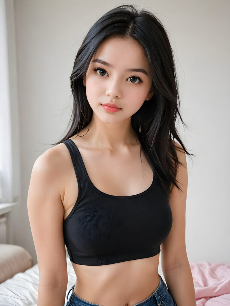 a (((young girlie))), wears a short cropped black tank top, straight soft long black hair, ((round face)), full kissable lips, round eyes, perfect skin and perfect curved body