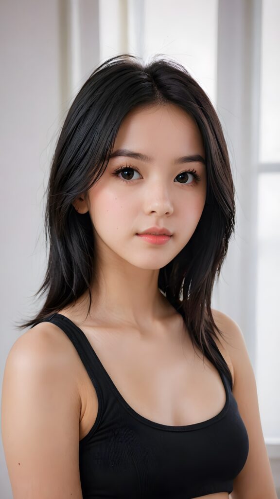 a (((young girlie))), wears a short cropped black tank top, straight soft long black hair, ((round face)), full kissable lips, round eyes, perfect skin