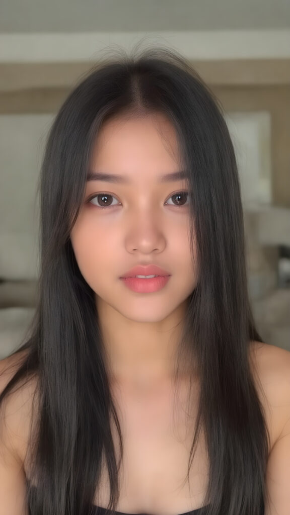 a (((young girlie))), wears a short cropped black tank top, straight soft long black hair, ((round face)), full kissable lips, round eyes, perfect skin