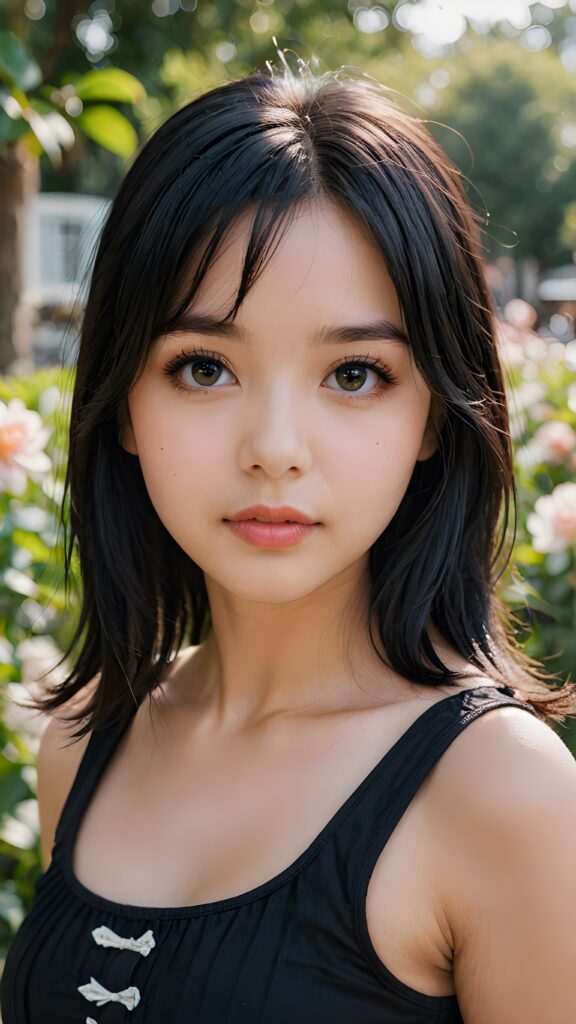 a (((young girl))), wears a short cropped black tank top, straight soft long black hair, ((round face)), full kissable lips, round eyes, perfect skin, looks like a Lolita