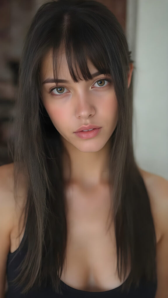 a (((young girlie))), sexy and provocative look, wears a short cropped black tank top, straight soft long black hair, ((round face)), full kissable lips, round eyes, perfect skin