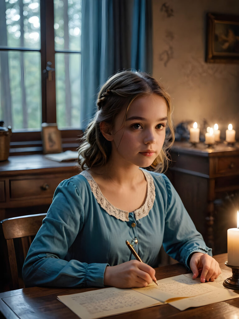 a (((young girl))) sitting at a (((table))) writing a letter, surrounded by a (((mysterious atmosphere))), with dim light softly illuminating the room and casting a haunting glow that adds to the (serenity and melancholy)