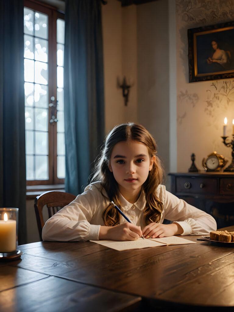 a (((young girl))) sitting at a (((table))) writing a letter, surrounded by a (((mysterious atmosphere))), with dim light softly illuminating the room and casting a haunting glow that adds to the (serenity and melancholy)