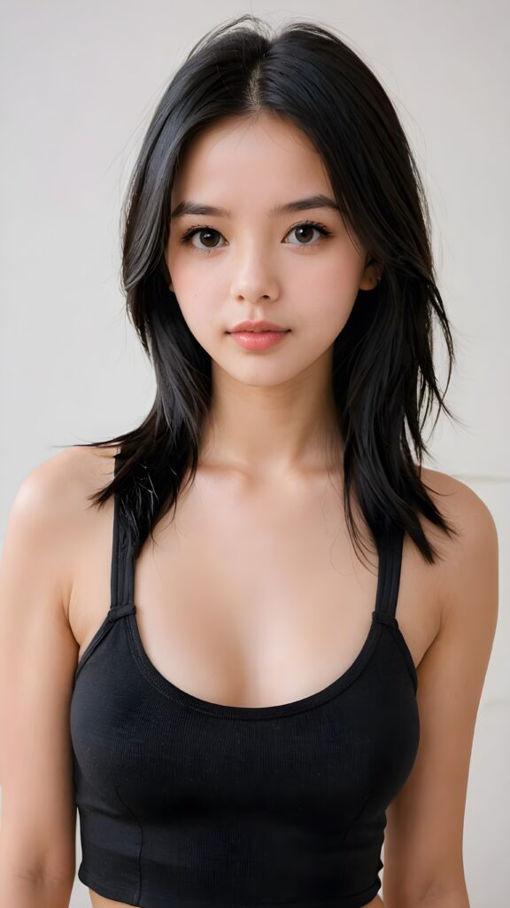 a (((young girlie))), wears a short cropped black tank top, straight soft long black hair, ((round face)), full kissable lips, round eyes, perfect skin