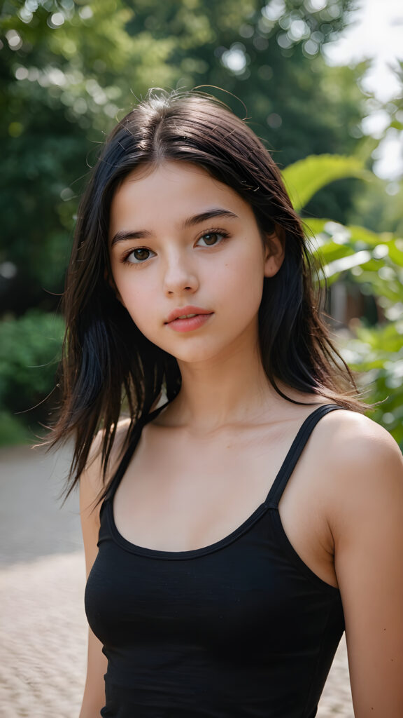 a (((young girlie, 14 years old))), wears a (short cropped black tank top), straight soft long black hair, ((round face)), full kissable lips, round eyes, perfect skin