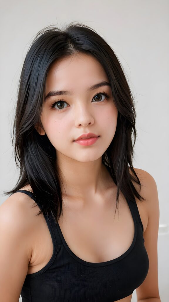 a (((young girlie))), wears a short cropped black tank top, straight soft long black hair, ((round face)), full kissable lips, round eyes, perfect skin