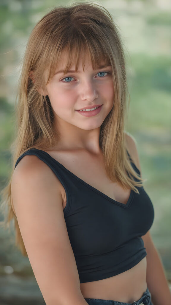 a young girl (((straight, luxurious copper hair))), with intricate details and hyper realistic color shading, capturing the essence of a (professional studio photo) for a stunningly realistic portrait of a teen girl. Her figure is flawlessly proportioned, with perfectly straight hair and (extremely soft, smooth skin) that exudes an almost ethereal glow. She is dressed in a sleek, tight V-neck black sport tank top, that accentuate her toned, natural body, her smile radiates joy and confidence, full eyes. The backdrop is a serene natural setting that complements her youthful beauty