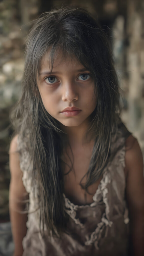 a young girl, barely dressed in torn clothes, poor, looking sadly at the viewer, long, dirty black hair, full lips, round face, tattered clothes, full body, stand in front of viewer