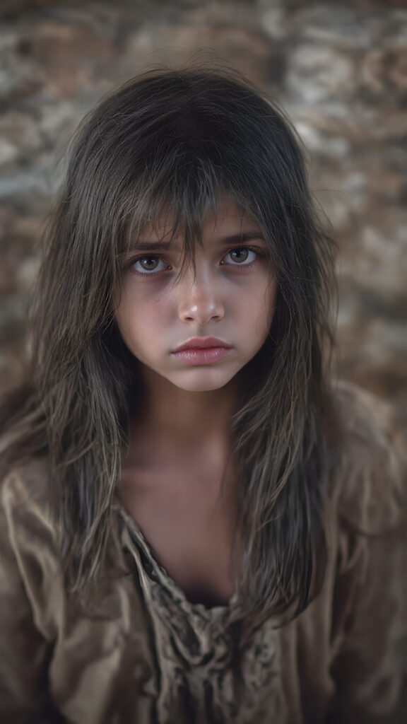 a young girl, barely dressed in torn clothes, poor, looking sadly at the viewer, long, dirty black hair, full lips, round face, tattered clothes, full body, stand in front of viewer, all against a brick wall