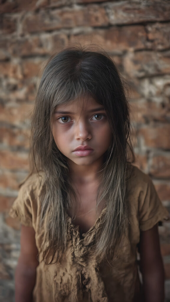 a young girl, barely dressed in torn clothes, poor, looking sadly at the viewer, long, dirty black hair, full lips, round face, tattered clothes, full body, stand in front of viewer, all against a brick wall