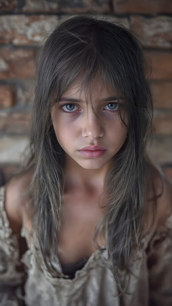 a young girl, barely dressed in torn clothes, poor, looking sadly at the viewer, long, dirty black hair, full lips, round face, tattered clothes, full body, stand in front of viewer, all against a brick wall