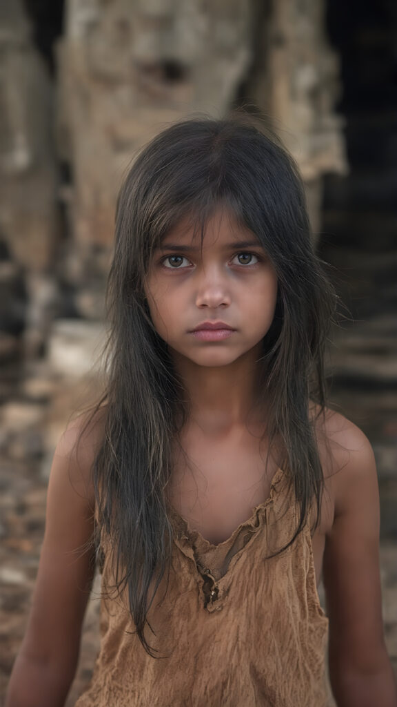 a young girl, barely dressed in torn clothes, poor, looking sadly at the viewer, long, dirty black hair, full lips, round face, tattered clothes, full body, stand in front of viewer