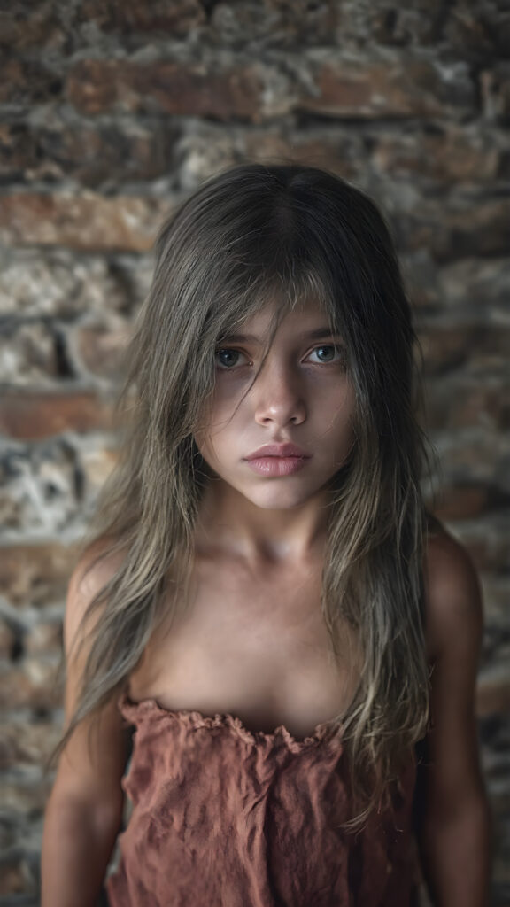 a young girl, barely dressed in torn clothes, poor, looking sadly at the viewer, long, dirty black hair, full lips, round face, tattered clothes, full body, stand in front of viewer, all against a brick wall