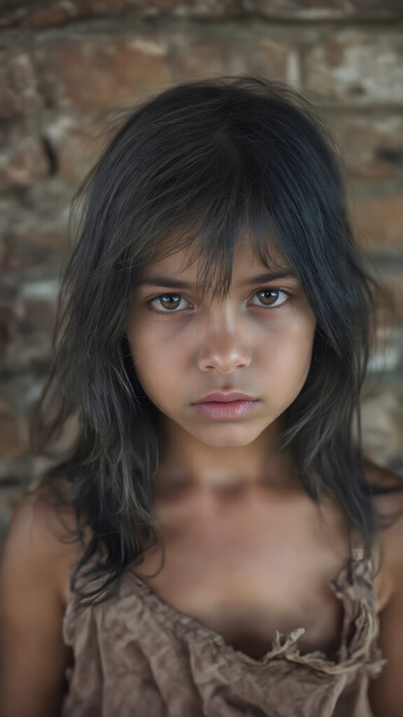 a young girl, barely dressed in torn clothes, poor, looking sadly at the viewer, long, dirty black hair, full lips, round face, tattered clothes, full body, stand in front of viewer, all against a brick wall