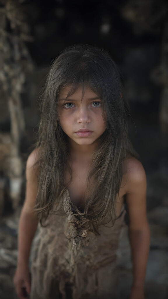 a young girl, barely dressed in torn clothes, poor, looking sadly at the viewer, long, dirty black hair, full lips, round face, tattered clothes, full body, stand in front of viewer