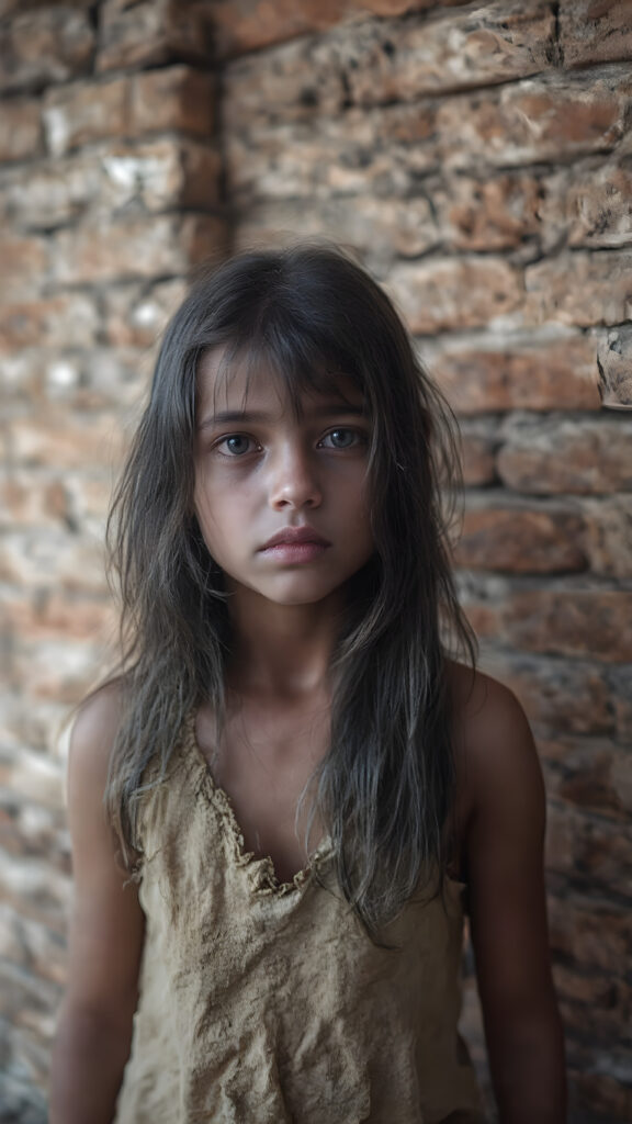 a young girl, barely dressed in torn clothes, poor, looking sadly at the viewer, long, dirty black hair, full lips, round face, tattered clothes, full body, stand in front of viewer, all against a brick wall