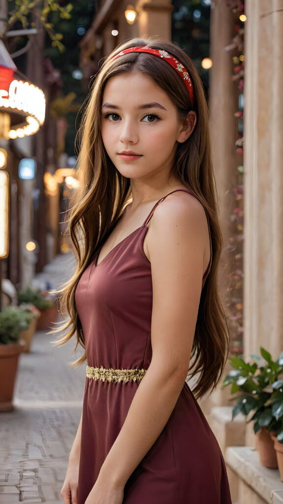 a (((young girl with luxuriously long, straight soft brown hair))), wearing a sleek, crimson headband, standing confidently in a (dreamlike atmosphere), perfect curved body, sleek short thin dressed