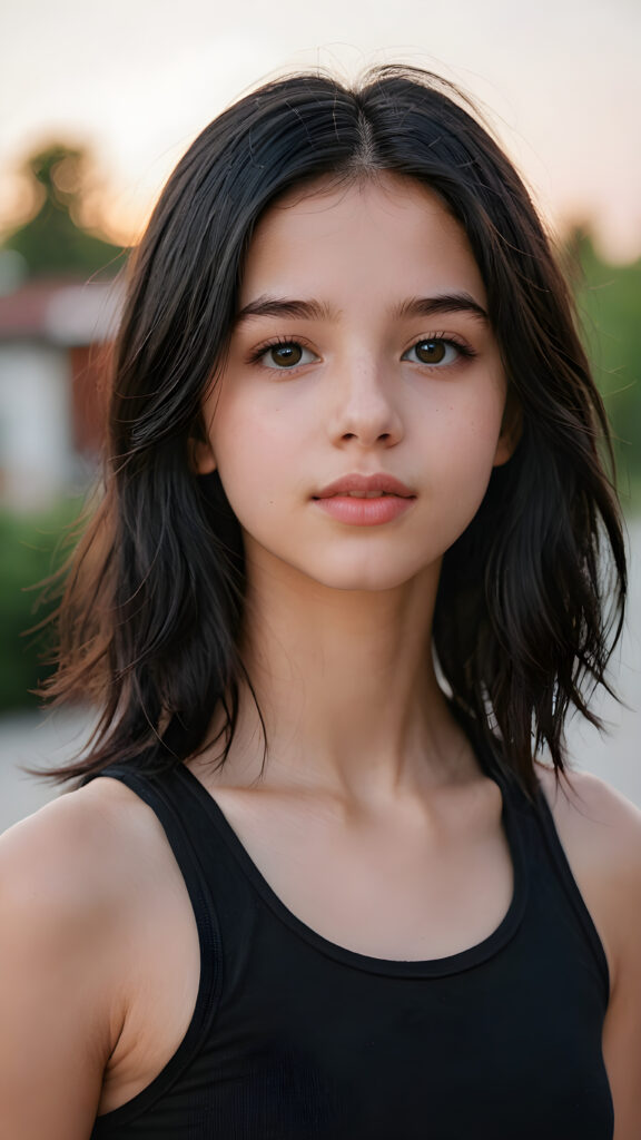 a (((young girlie, 14 years old))), wears a (short cropped black tank top), straight soft long black hair, ((round face)), full kissable lips, round eyes, perfect skin