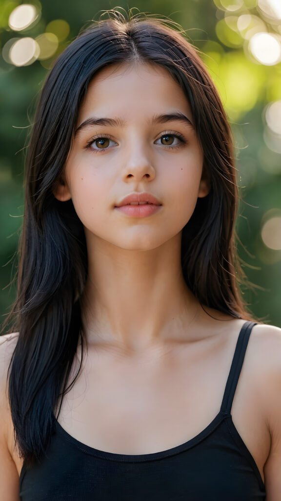 a (((young girlie, 14 years old))), wears a (short cropped black tank top), straight soft long black hair, ((round face)), full kissable lips, round eyes, perfect skin