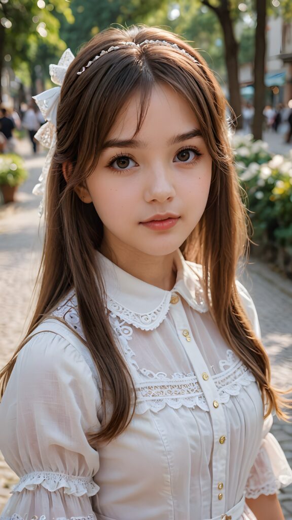 a (((young girl))), light white dressed, straight soft long brown hair, ((round face)), full kissable lips, round eyes, perfect skin, looks like a Lolita