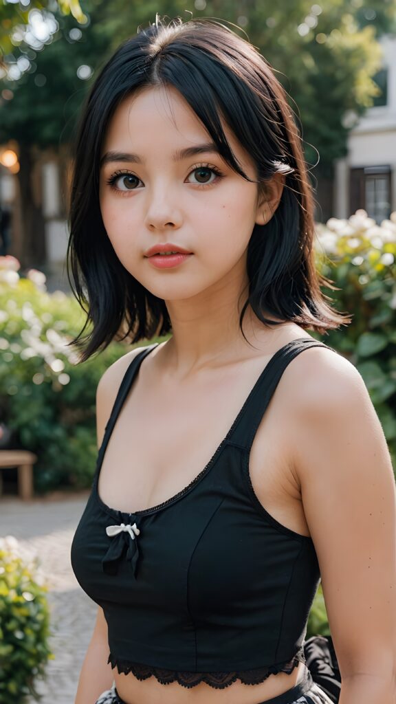 a (((young girl))), wears a short cropped black tank top, straight soft long black hair, ((round face)), full kissable lips, round eyes, perfect skin, looks like a Lolita