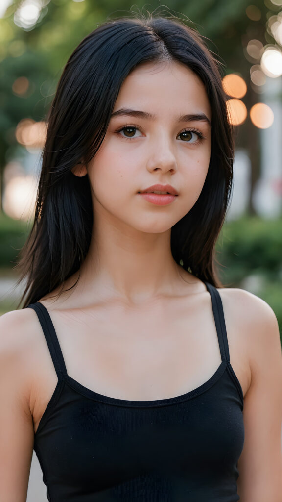 a (((young girlie, 14 years old))), wears a (short cropped black tank top), straight soft long black hair, ((round face)), full kissable lips, round eyes, perfect skin