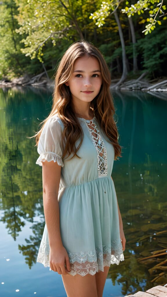 a (((young girl with long, brown hair, short thin dressed))), stands in front of a (((crystal-clear lake))), surrounded by (trees that cast soft shadows across the water), her face serene and enjoying the natural beauty around her