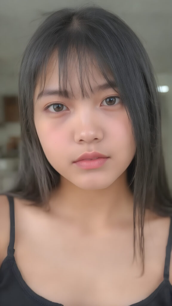 a (((young girlie))), wears a short cropped black tank top, straight soft long black hair, ((round face)), full kissable lips, round eyes, perfect skin